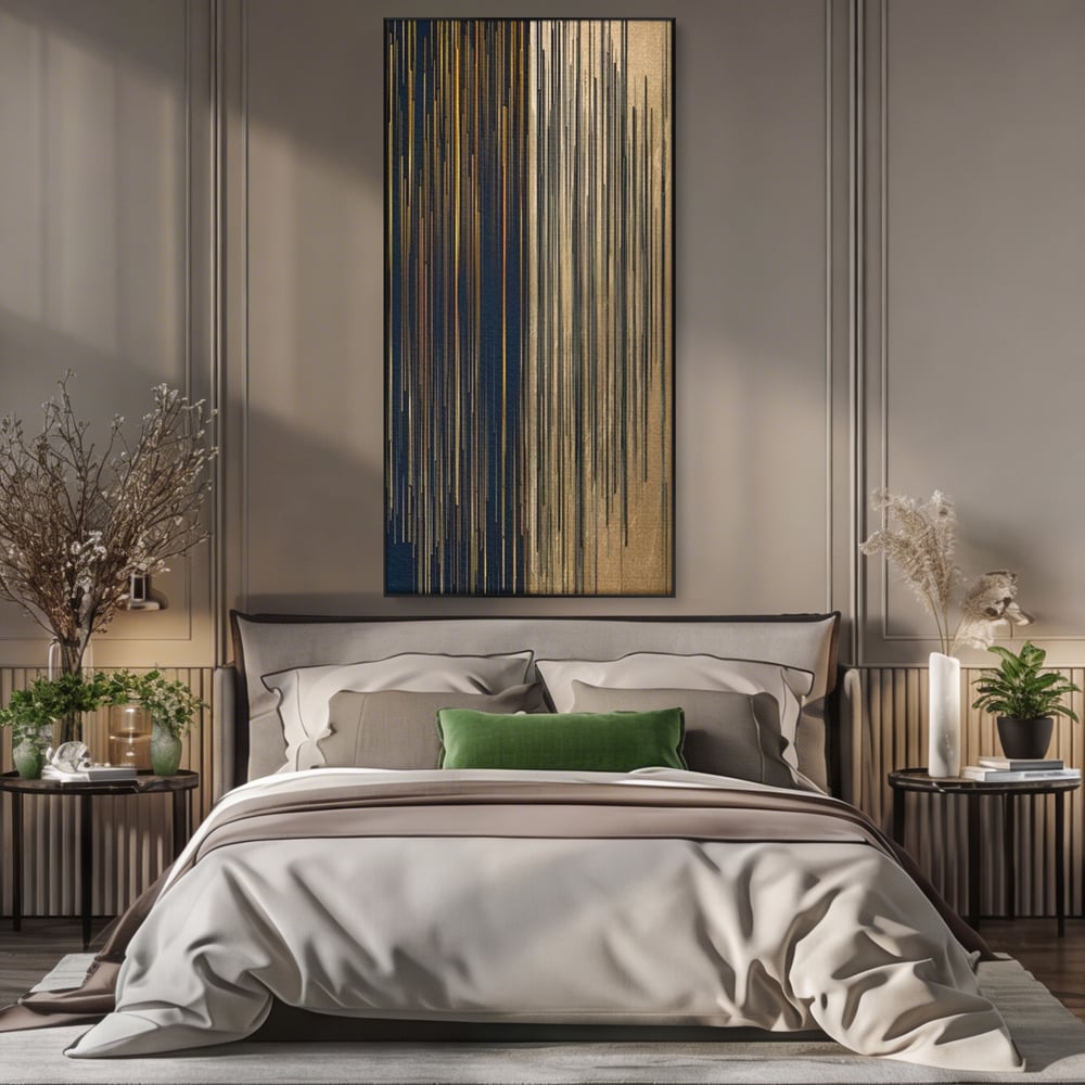 Tablou canvas cu tablou abstract cu linii verticale aurii, in rama de aluminiu negru, pe perete intr-un dormitor